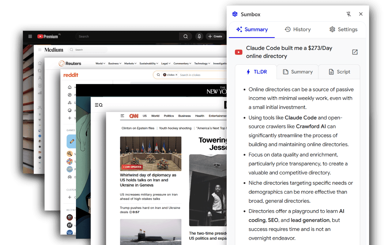 Sumbox extension summarizing a YouTube video in Chrome's side panel